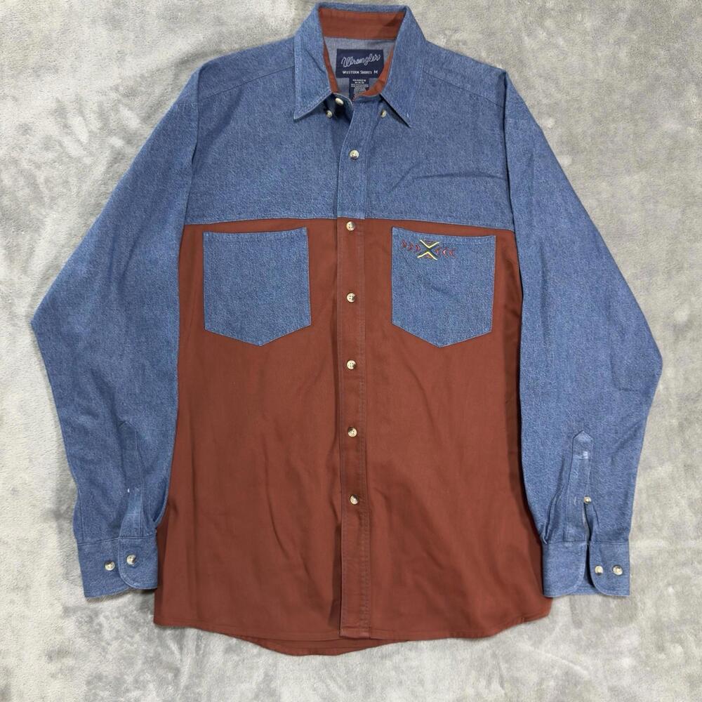Wrangler Western Shirt Mens M Brown Cowboy Denim Two Tone Button Up